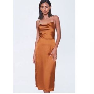 Satin Cowl Neck Open Back Midi Dress